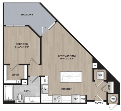 A floor plan of a house with a balcony, bedroom, living/dining area, kitchen, bathroom, and closet.